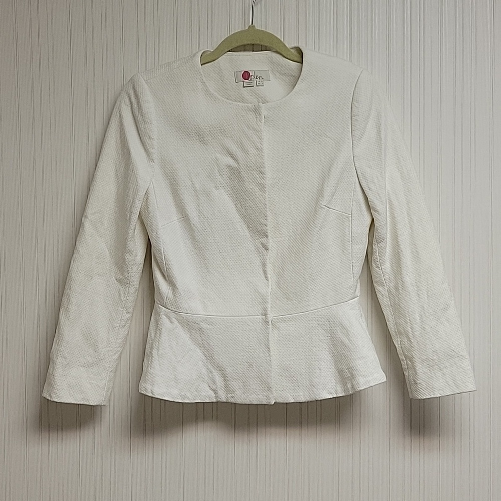 Boden 3/4 sleeve white peplum jacket sz 2 cotton office business church feminine